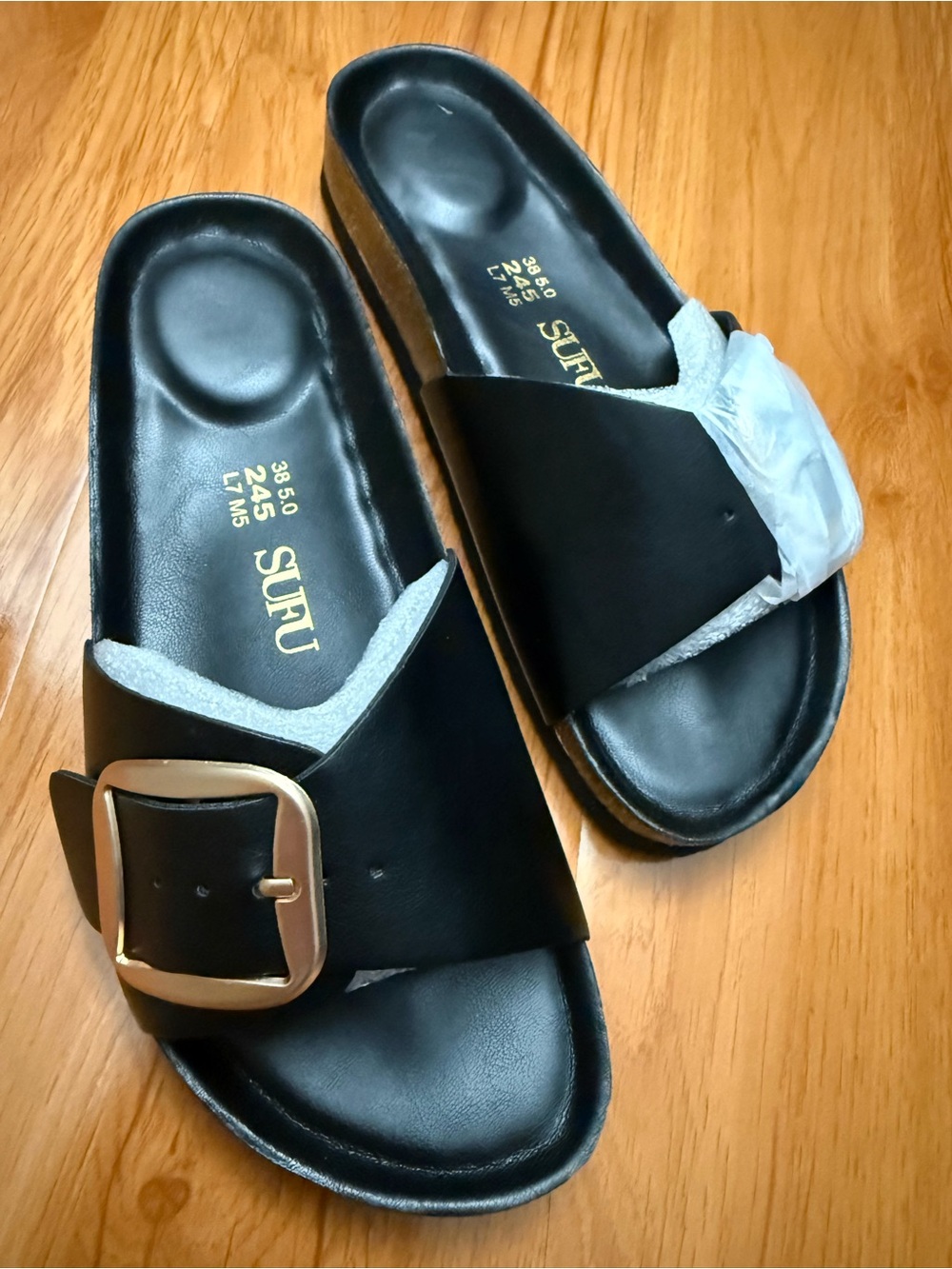 Classic Bkack Buckle Slide Sandals - 7